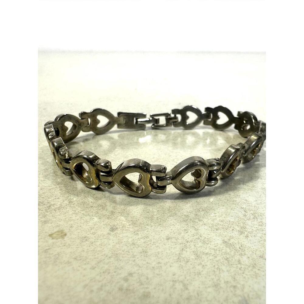 Vintage Y2K Vibes Two Tone Heart Link Bracelet Silver Tone 7.5”